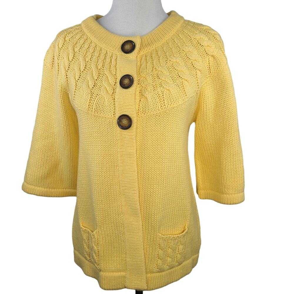 VTG Jillian Nicole Yellow Cable Knit Cardigan Sweater Size Medium Pockets Y2K